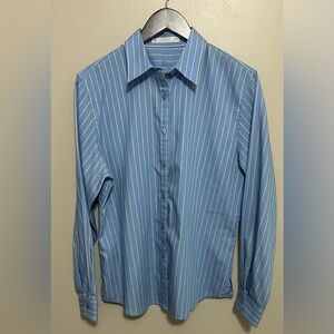 FOXCROFT Wrinkle Free Long Sleeve  Button Down Blue Yellow PinStripes Size 12